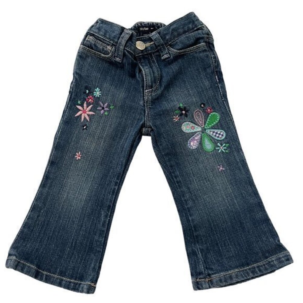 Baby Gap Boho Embroidered Floral Blue Boot Cut Jeans Size 12-18 months